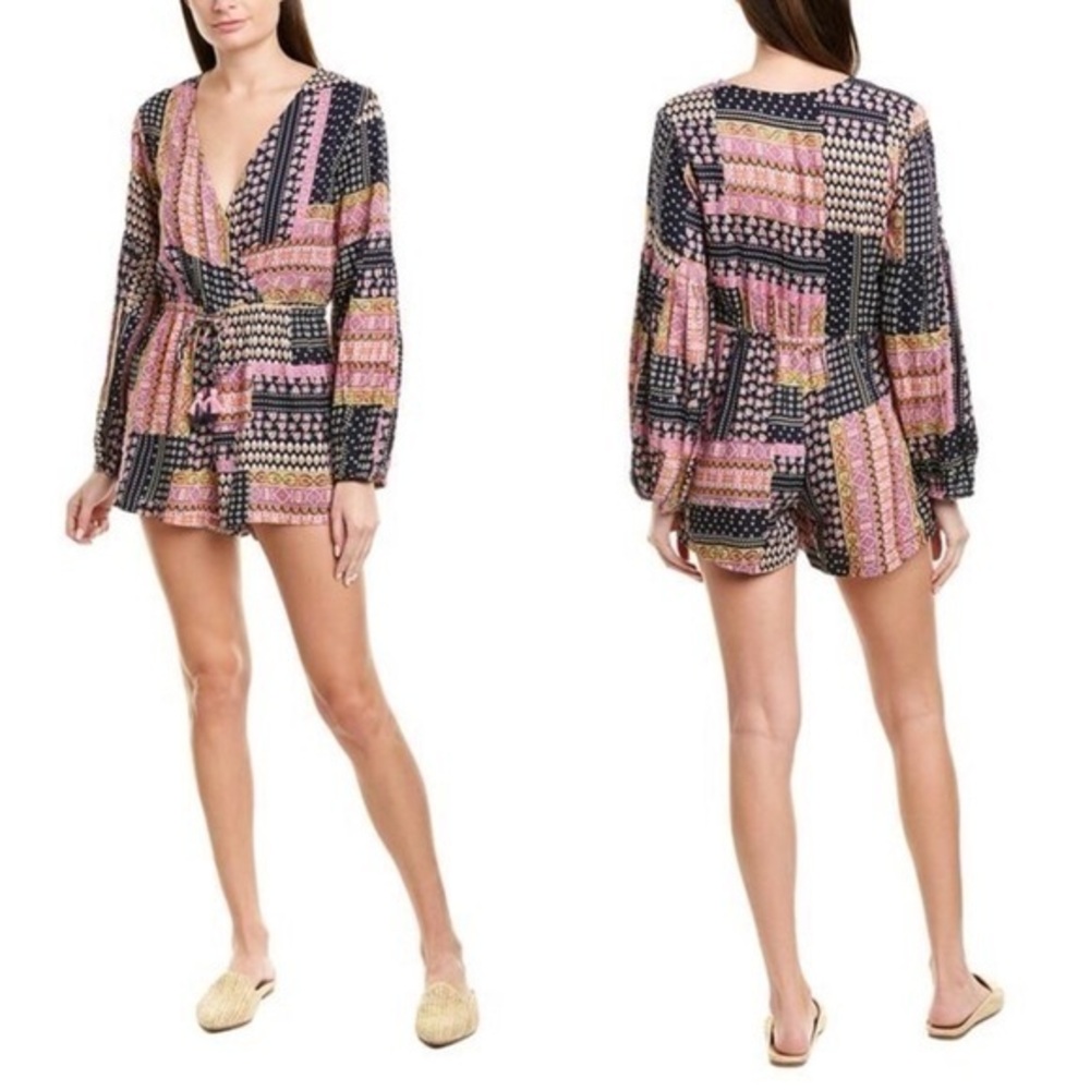 RAGA Gigi Surplice Long Sleeve Pink Purple Bohemian Balloon Sleeve Romper Small